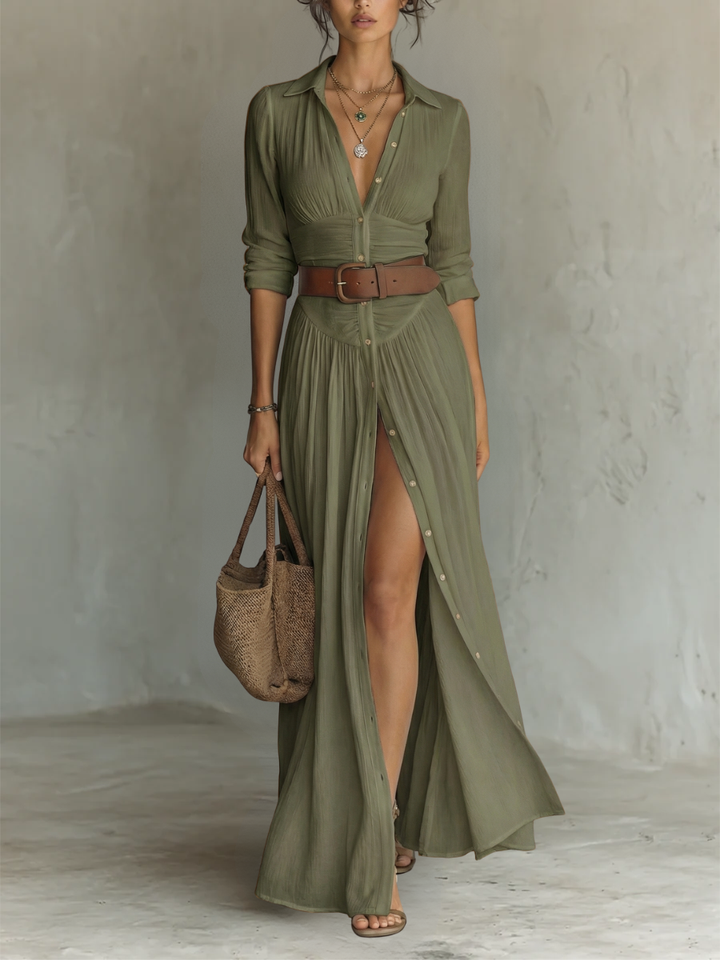 Abito Maxi Lungo con Collo a Revers e Maniche Lunghe in Lino per Donna